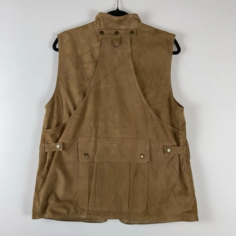 Banana Republic Men's Hunting Vest Tan Goat Suede M Full Zip Lined Multi-Pocket